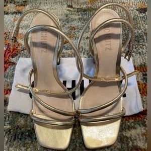 Schutz Polaina Gold Ankle Stappy Heels 8